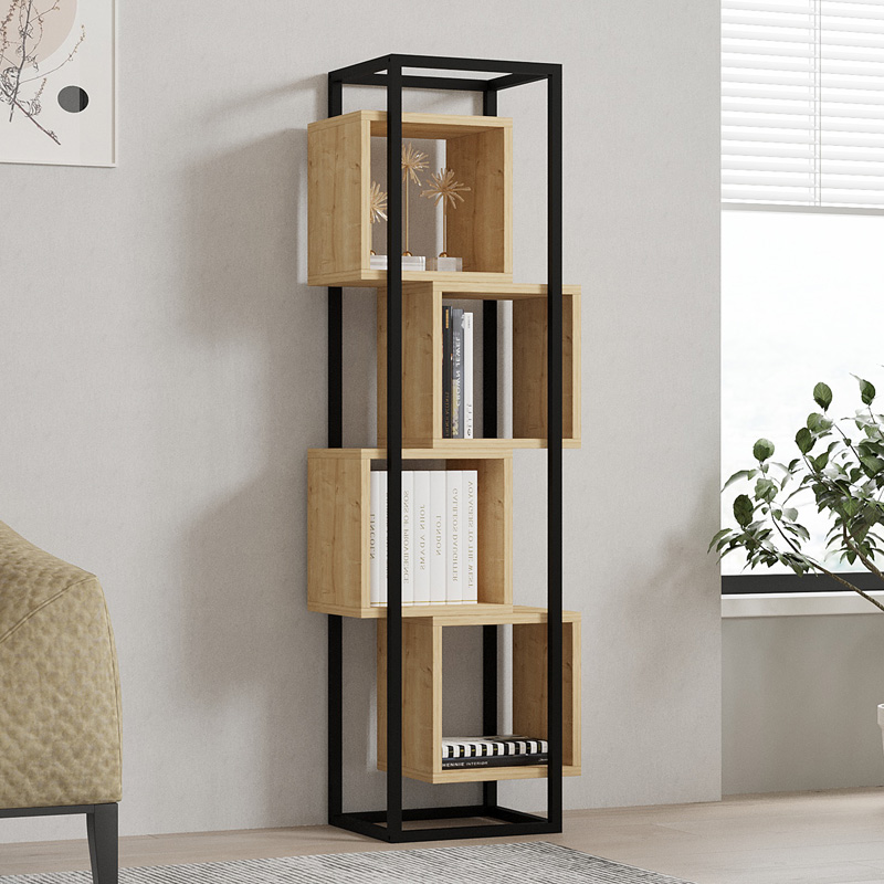 Βιβλιοθήκη Gridur pakoworld σε oak απόχρωση με μαύρο μεταλλικό σκελετό 44x29x140εκ 2