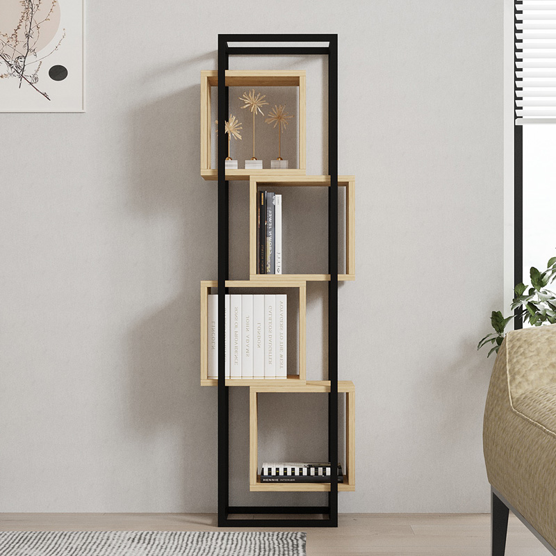 Βιβλιοθήκη Gridur pakoworld σε oak απόχρωση με μαύρο μεταλλικό σκελετό 44x29x140εκ 3