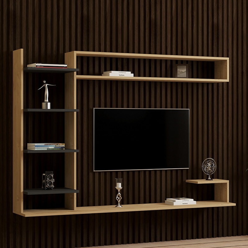 Σύνθετο σαλονιού επιτοίχιο Dilan pakoworld σε oak-ανθρακί απόχρωση 180x29,60x121,80εκ 2