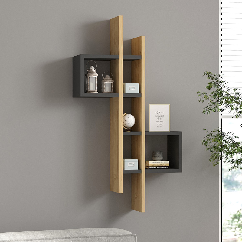 Ραφιέρα τοίχου Garel pakoworld σε oak-ανθρακί απόχρωση 53,8x19,6x108εκ 1