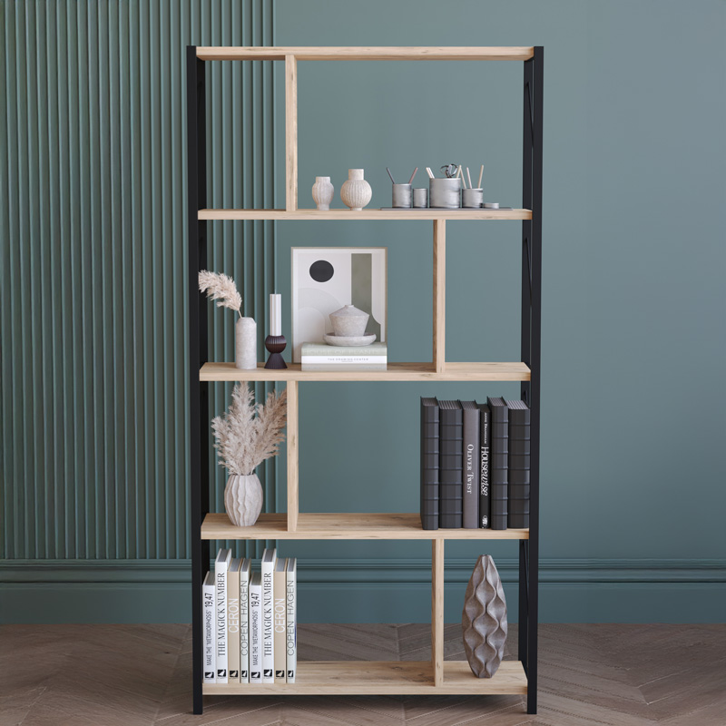 Ραφιέρα-Βιβλιοθήκη Fitabo pakoworld μαύρο μέταλλο σε oak απόχρωση 75x22x151εκ 2