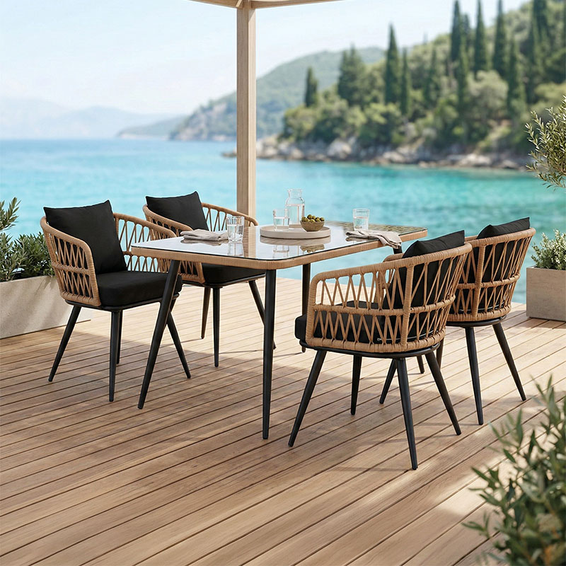 Τραπεζαρία Naoki σετ 5 τεμ pakoworld γυάλινο- pe rattan σε φυσική απόχρωση με μαυρα πόδια 140x80x78εκ 1