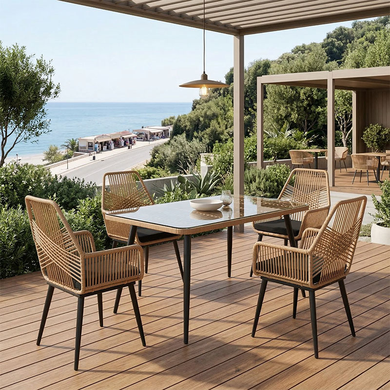 Τραπεζαρία Naoki-Tanish σετ 5 τεμ pakoworld γυάλινο- pe rattan σε φυσική απόχρωση με μαυρα πόδια 140x80x78εκ 1