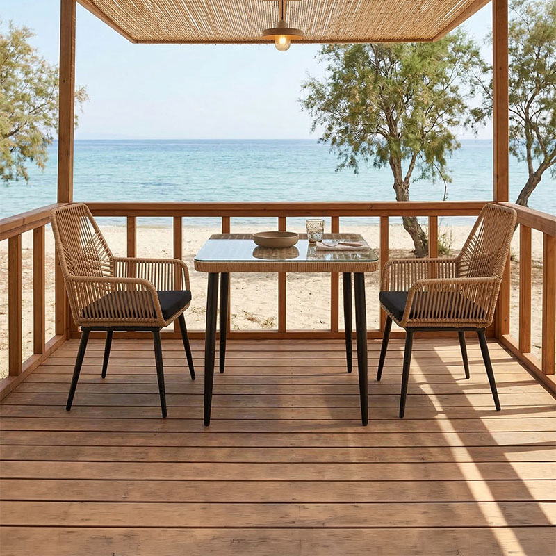 Τραπεζαρία Naoki-Tanish σετ 3 τεμ pakoworld μέταλλο μαύρο-pe φυσικό-γυαλί 80x80x78εκ 1