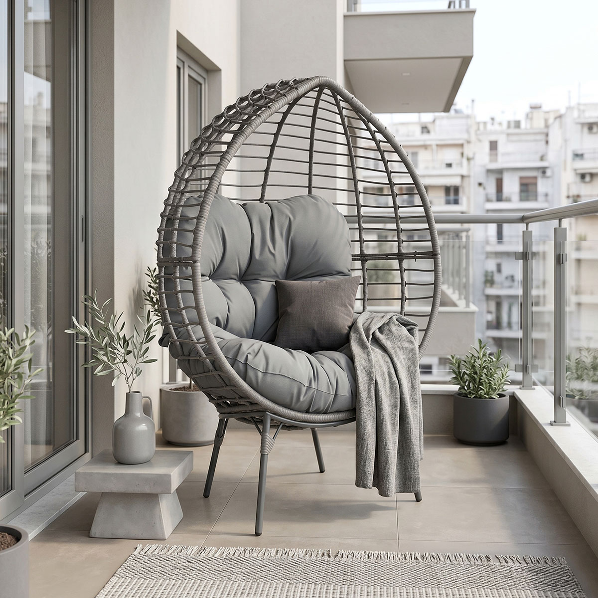 Πολυθρόνα Nestie pakoworld wicker rattan γκρι-μεταλλικό γκρι πόδι-γκρι μαξιλάρι 102x80x155εκ 1