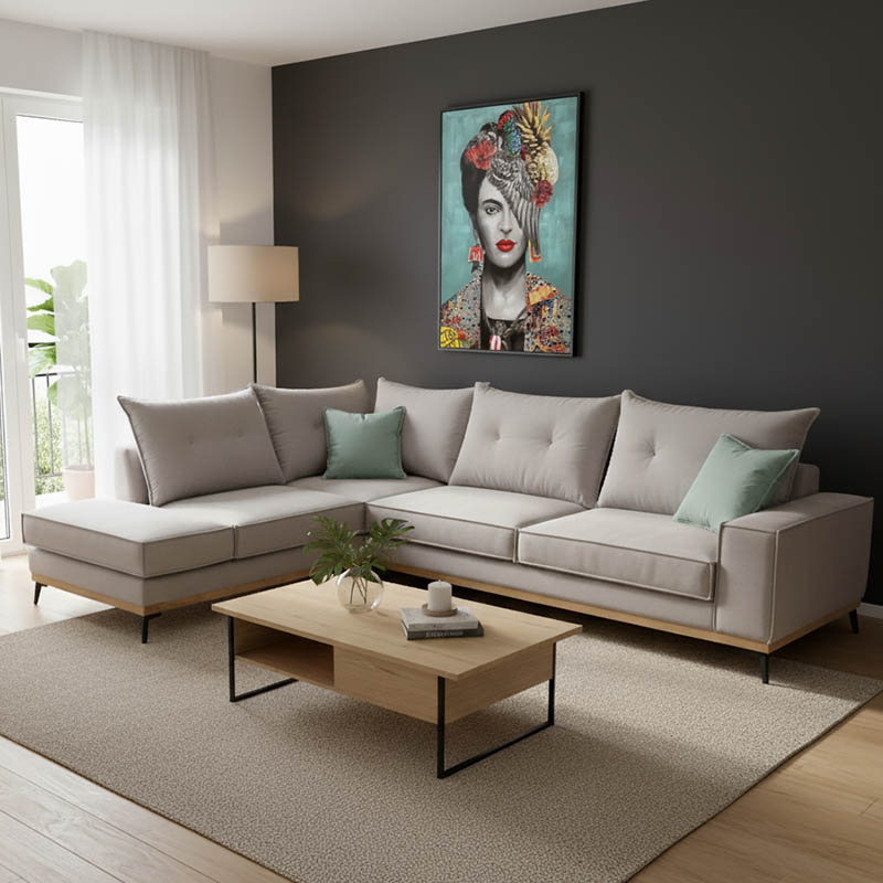 Γωνιακός καναπές δεξιά γωνία Luxury II pakoworld ύφασμα elephant-ciel 290x235x95εκ 1