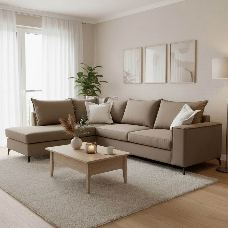 Γωνιακός καναπές δεξιά γωνία Romantic pakoworld ύφασμα mocha-cream 290x235x95εκ 1