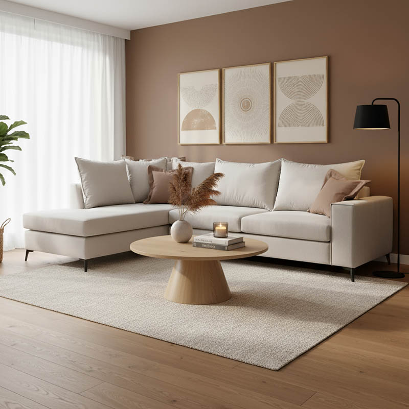 Γωνιακός καναπές δεξιά γωνία Romantic pakoworld ύφασμα cream-mocha 290x235x95εκ 1