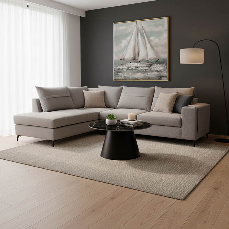 Γωνιακός καναπές δεξιά γωνία Montana pakoworld γκρι ύφασμα με μαξιλάρια σε απόχρωση ανοιχτό γκρι 275x215x93εκ 2