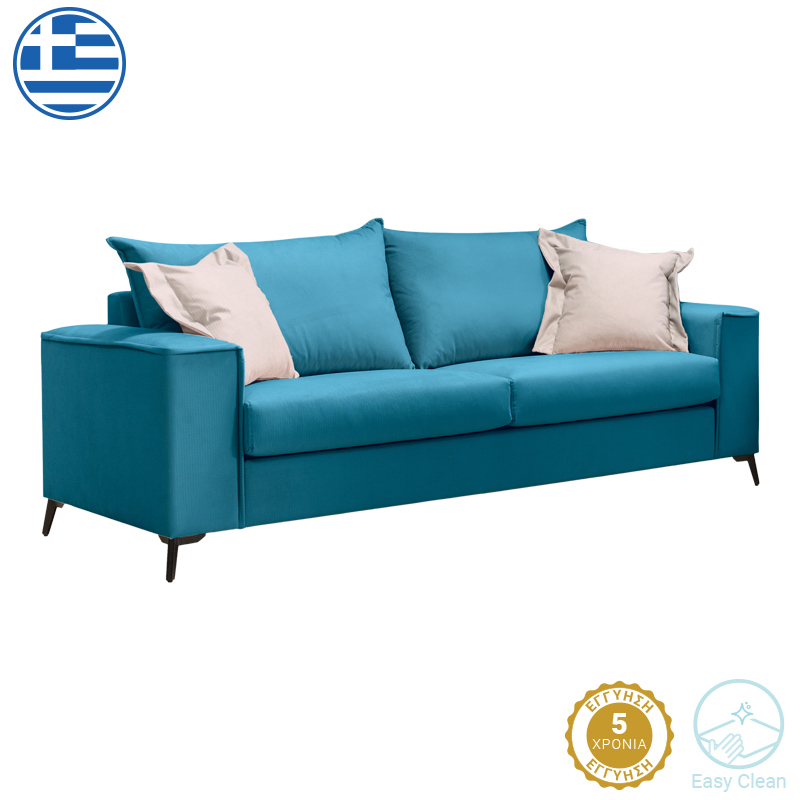 Καναπές Verona pakoworld 3θέσιος πετρόλ ύφασμα με μαξιλάρια σε μπεζ απόχρωση 225x93x100εκ 1