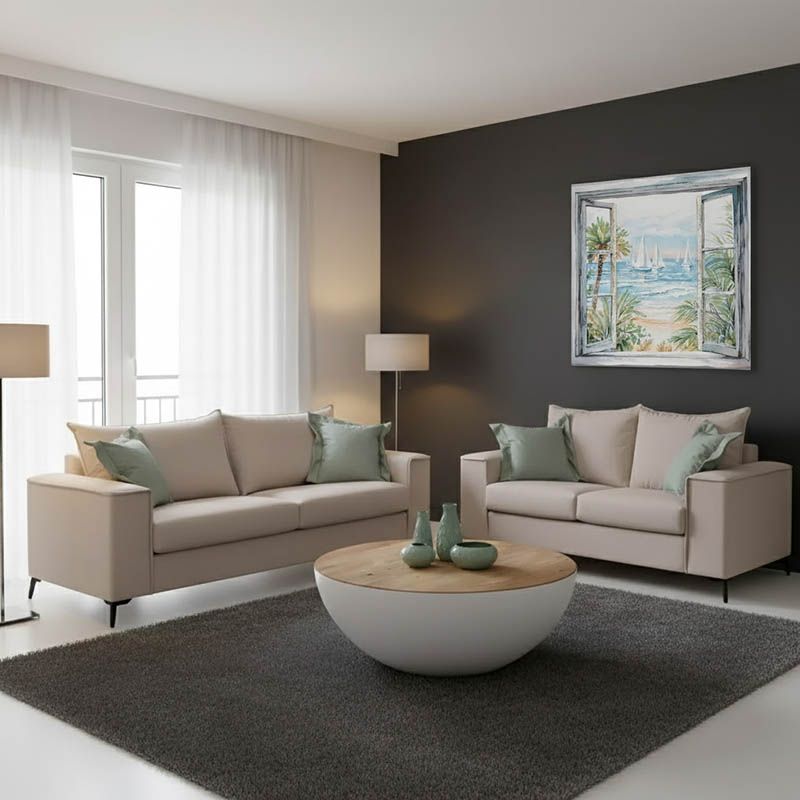 Σετ σαλονιού 2τεμ Verona pakoworld κρεμ ύφασμα με μαξιλάρια σε μέντα απόχρωση 2