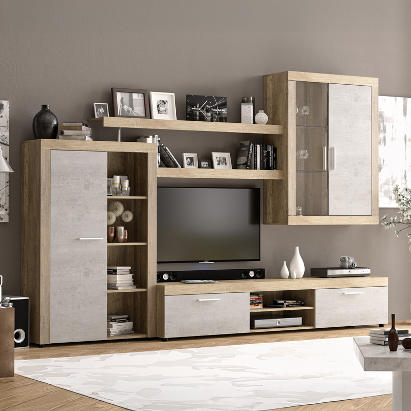 Σύνθετο σαλονιού Tesivo pakoworld σε γκρι αντικέ με καρυδί απόχρωση 292.8x45.6x199.6εκ 1