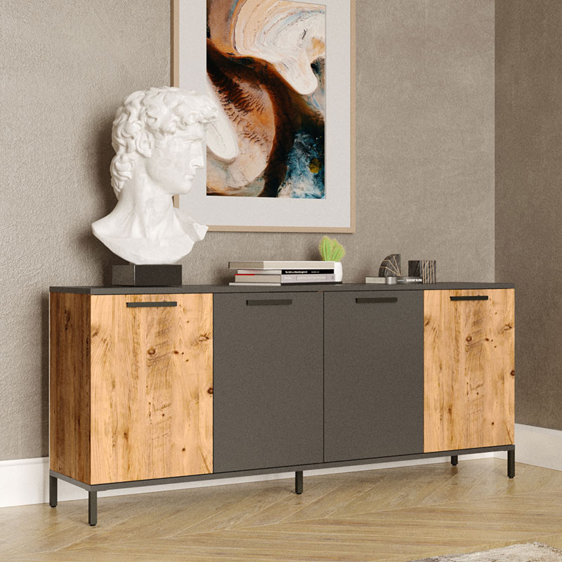Μπουφές Kermit pakoworld ανθρακί-oak 160x40x72εκ 2