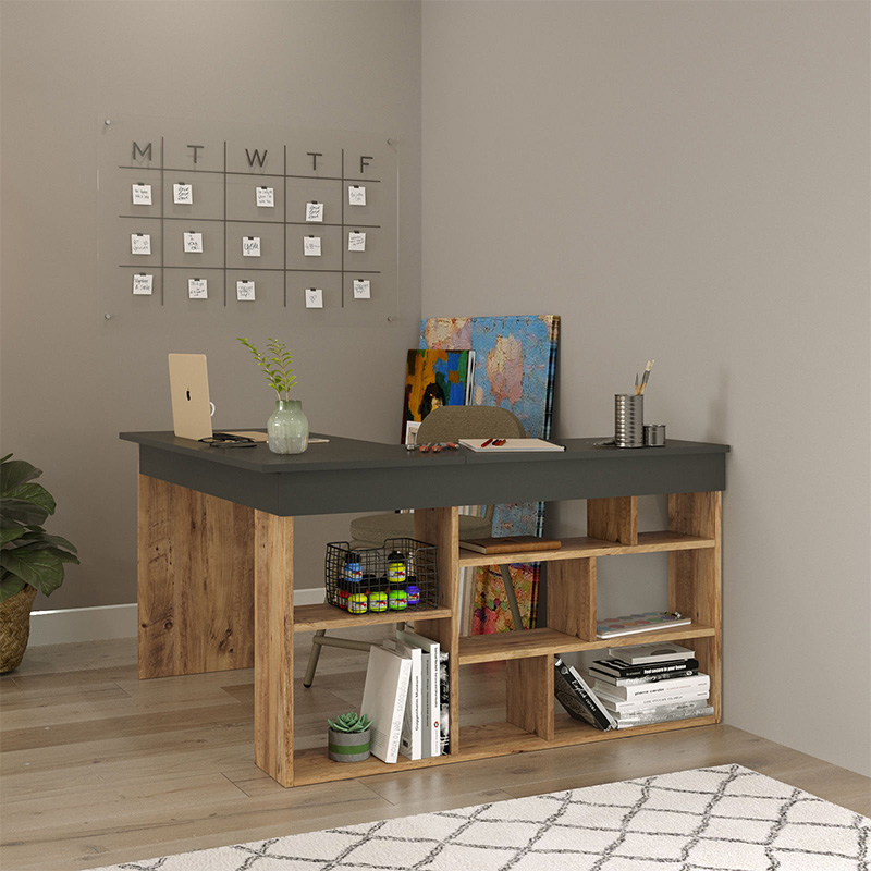 Γραφείο γωνιακό Rosaline pakoworld ανθρακί-oak 120x129x72εκ 4