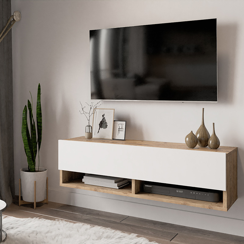 Έπιπλο τηλεόρασης επιτοίχιο Roscoe pakoworld λευκό-oak 100x31.5x29.5εκ 1