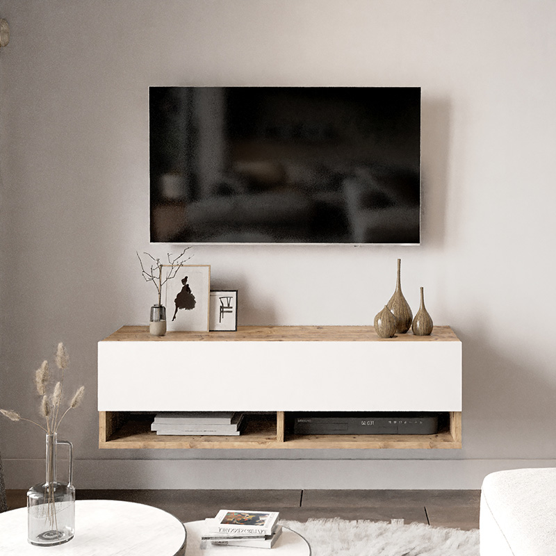 Έπιπλο τηλεόρασης επιτοίχιο Roscoe pakoworld λευκό-oak 100x31.5x29.5εκ 4