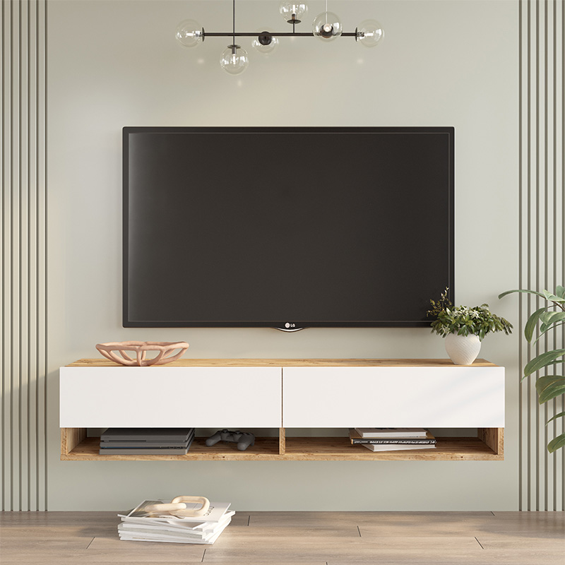 Έπιπλο τηλεόρασης επιτοίχιο Roscoe pakoworld λευκό-sonoma 140x31.6x29.6εκ 4