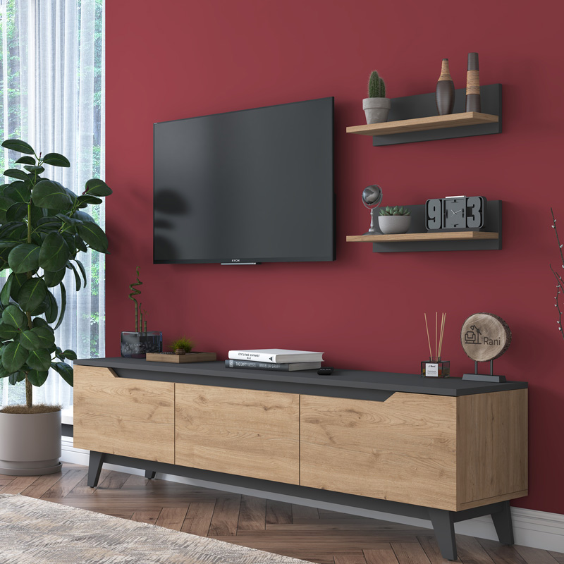 Σύνθετο σαλονιού Kasia pakoworld oak-ανθρακί 180x35x48,5εκ 2