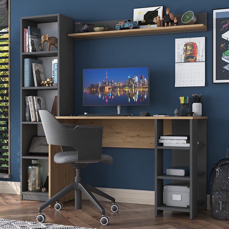 Γραφείο με βιβλιοθήκη Goldie pakoworld ανθρακί-φυσικό 160x45x161.8εκ 2