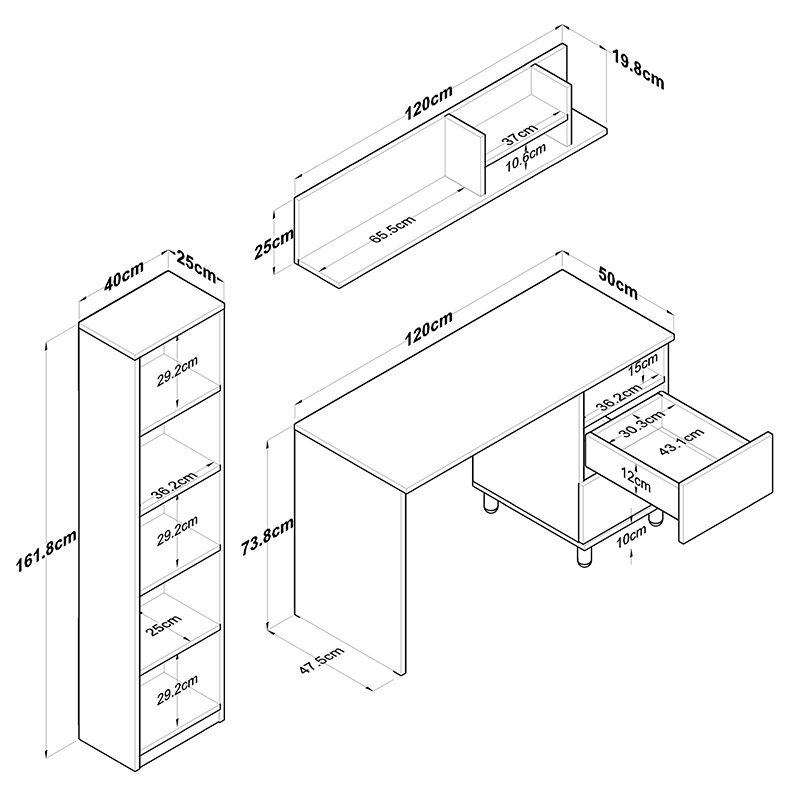 Γραφείο με βιβλιοθήκη Goldie pakoworld λευκό-φυσικό 160x50x161.8εκ 9