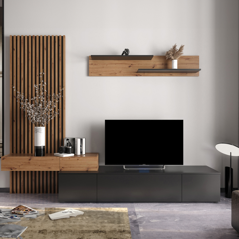 Σύνθετο σαλονιού Litende pakoworld μαύρο-sonoma μελαμίνης 249.5x42x199.5εκ 2