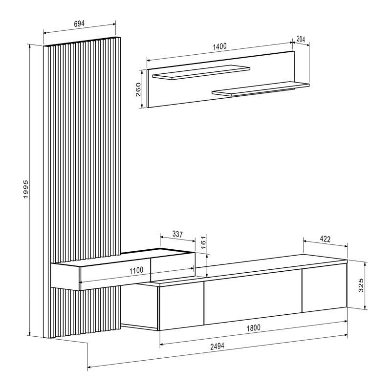 Σύνθετο σαλονιού Litende pakoworld μαύρο-sonoma μελαμίνης 249.5x42x199.5εκ 6