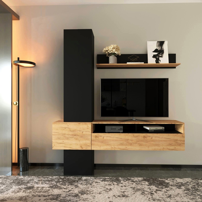 Σύνθετο σαλονιού Wendy pakoworld σε oak-μαύρη απόχρωση 195.1x37.3x219.1εκ 1