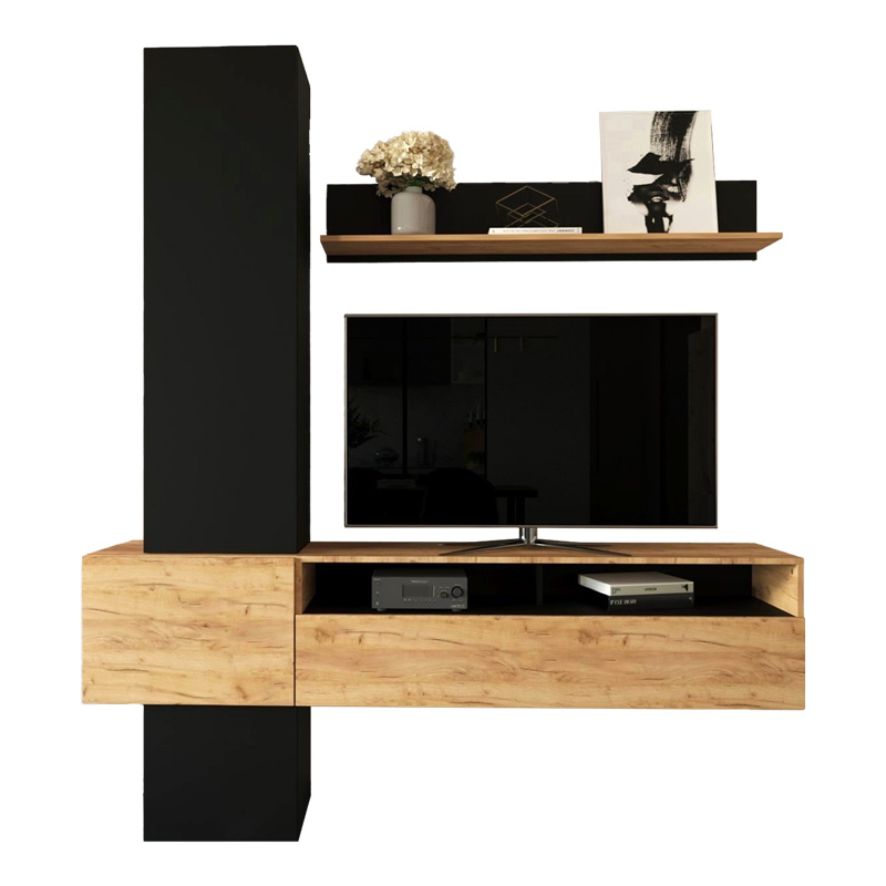 Σύνθετο σαλονιού Wendy pakoworld σε oak-μαύρη απόχρωση 195.1x37.3x219.1εκ 2