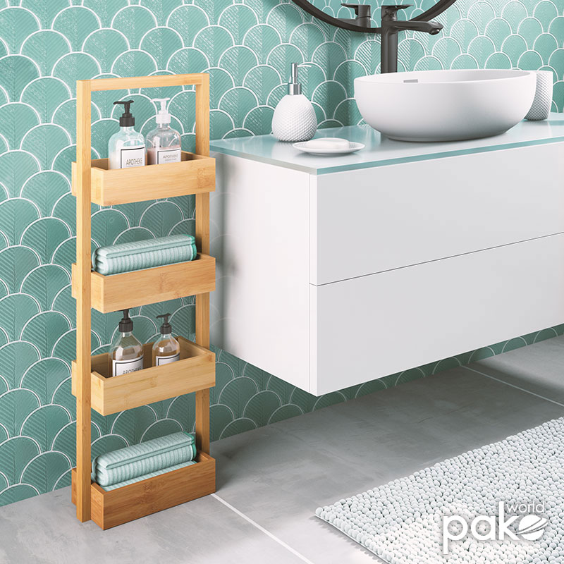 Ραφιέρα επιδαπέδια 4όροφη Ollie pakoworld ξύλινη μπαμπού χρώμα φυσικό 28x16x88εκ 2