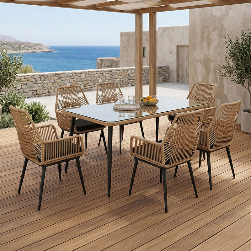 Τραπεζαρία Naoki-Tanish pakoworld σετ 7 τμχ rattan φυσικό-μαύρο μέταλλο-γυαλί 160x90x78εκ 1