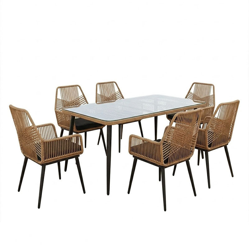 Τραπεζαρία Naoki-Tanish pakoworld σετ 7 τμχ rattan φυσικό-μαύρο μέταλλο-γυαλί 160x90x78εκ 2