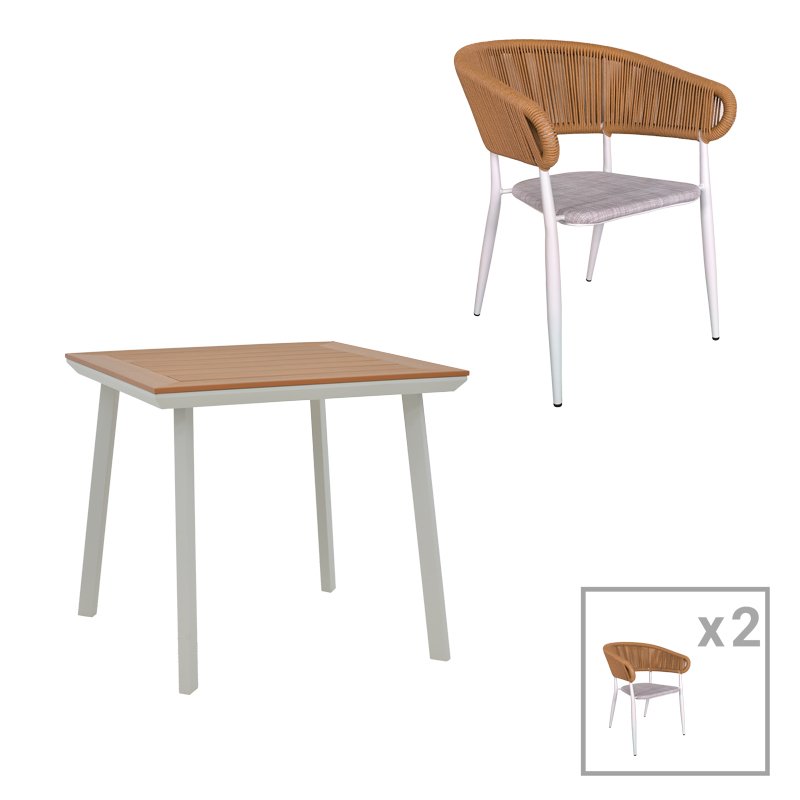 Τραπεζαρία Synergy-Raven σετ 3τεμ pakoworld λευκό αλουμίνιο και plywood σε φυσικό χρώμα 80x80x74εκ 1