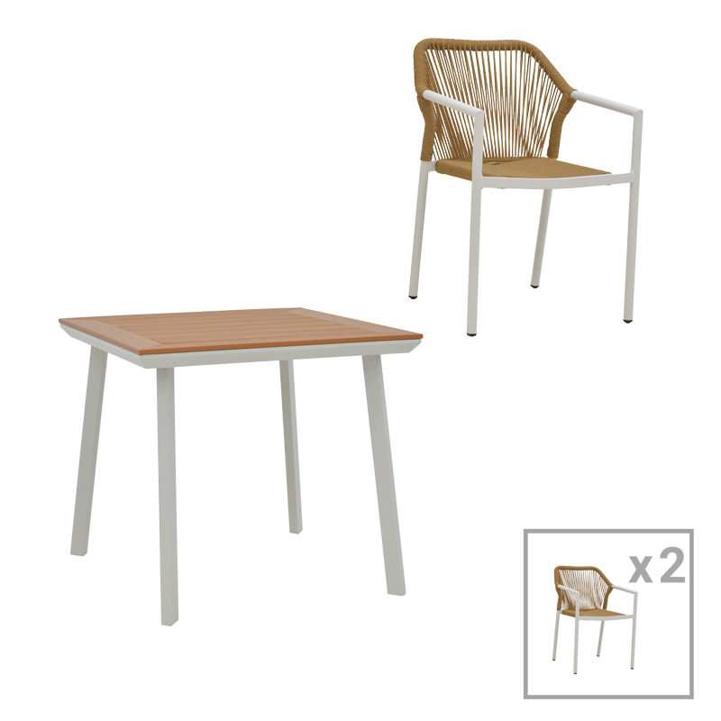 Τραπεζαρία Synergy-Lush σετ 3τεμ pakoworld λευκό αλουμίνιο και plywood σε φυσικό χρώμα 80x80x74εκ 1