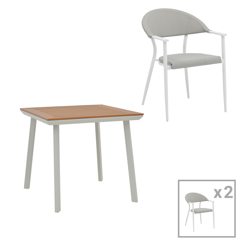 Τραπεζαρία Synergy-Pino σετ 3τεμ pakoworld λευκό αλουμίνιο και plywood σε φυσικό χρώμα 80x80x74εκ 1
