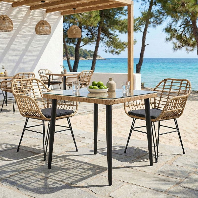 Τραπεζαρία Naoki V σετ 3τεμ pakoworld rattan pe σε φυσική απόχρωση και μαύρο μέταλλο 80x80x78εκ 1
