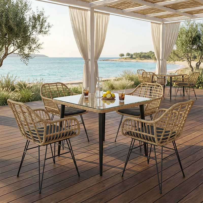 Τραπεζαρία Naoki V σετ 5τεμ pakoworld rattan pe σε φυσική απόχρωση και μαύρο μέταλλο 80x80x78εκ 1