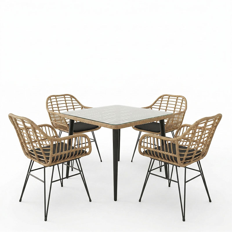 Τραπεζαρία Naoki V σετ 5τεμ pakoworld rattan pe σε φυσική απόχρωση και μαύρο μέταλλο 80x80x78εκ 2
