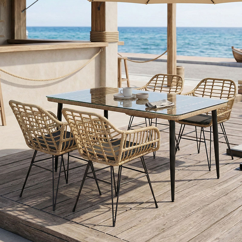 Τραπεζαρία Naoki Χ σετ 5τεμ pakoworld rattan pe σε φυσική απόχρωση και μαύρο μέταλλο 160x90x78εκ 1