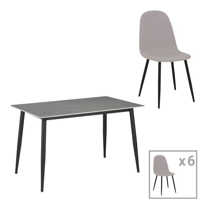 Τραπεζαρία Bella-Gustas pakoworld σετ 7τμχ γκρι μαρμάρου sintered stone-μαύρο μέταλλο 160x80x75εκ 1
