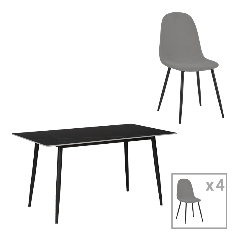 Τραπεζαρία Gustas-Bella pakoworld σετ 5τμχ γκρι βελούδο με μαύρο μαρμάρου 140x80x75εκ 1