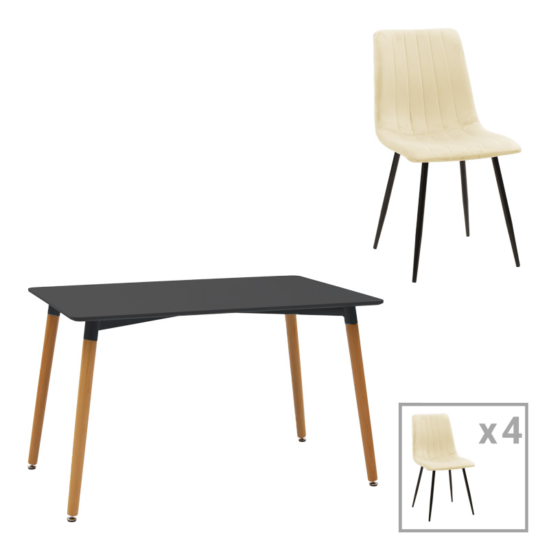 Τραπεζαρία Natali-Noor pakoworld σετ 5τεμ MDF μαύρο-μπεζ ύφασμα 120x80x76εκ 1