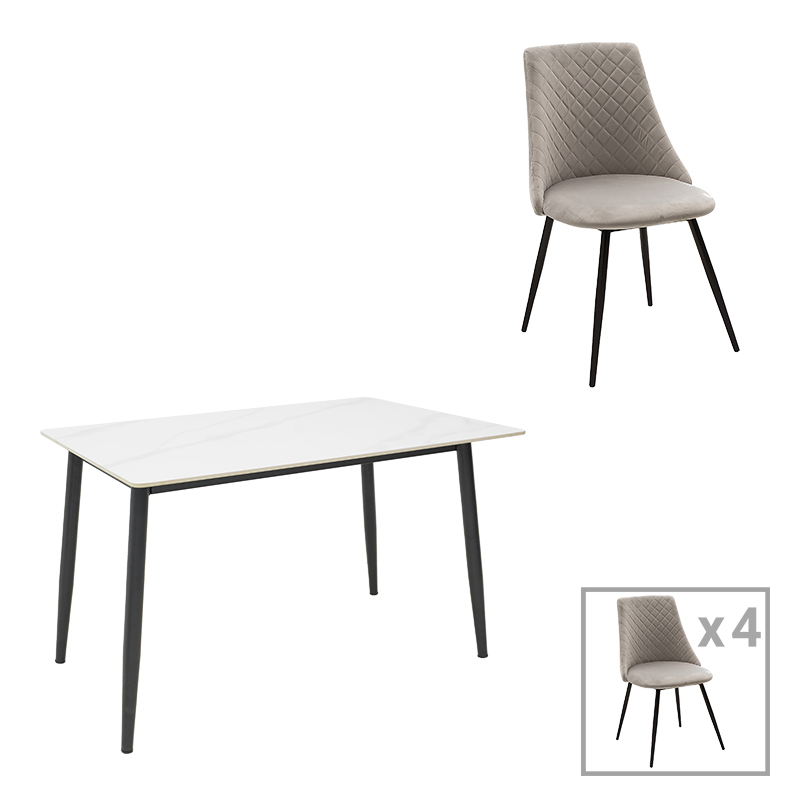 Τραπεζαρία Gustas-Giselle pakoworld σετ 5τεμ λευκό μαρμάρου-γκρι βελούδο 120x80x76εκ 1