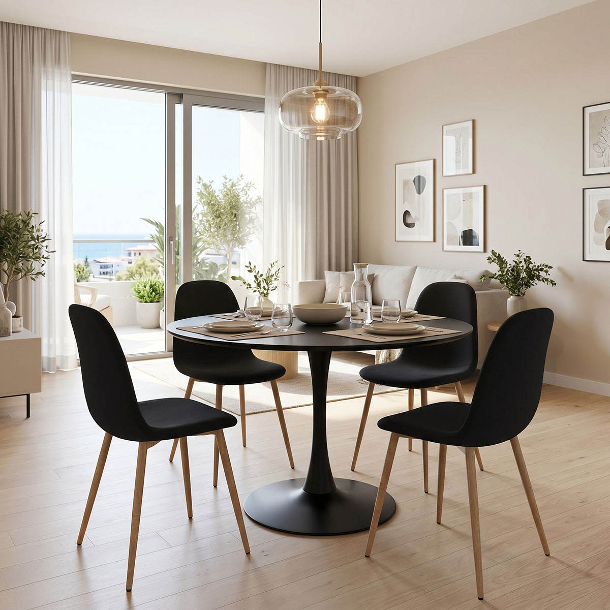Τραπεζαρία Bella-Balou pakoworld σετ 5τεμ MDF μαύρο-ύφασμα μαύρο Φ120x73εκ 1