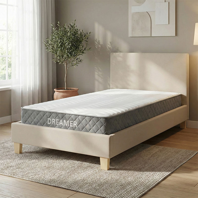 Κρεβάτι με στρώμα Nevil-Dreamer pakoworld ύφασμα μπεζ-ξύλινο πόδι σε φυσική απόχρωση 100x200εκ 1