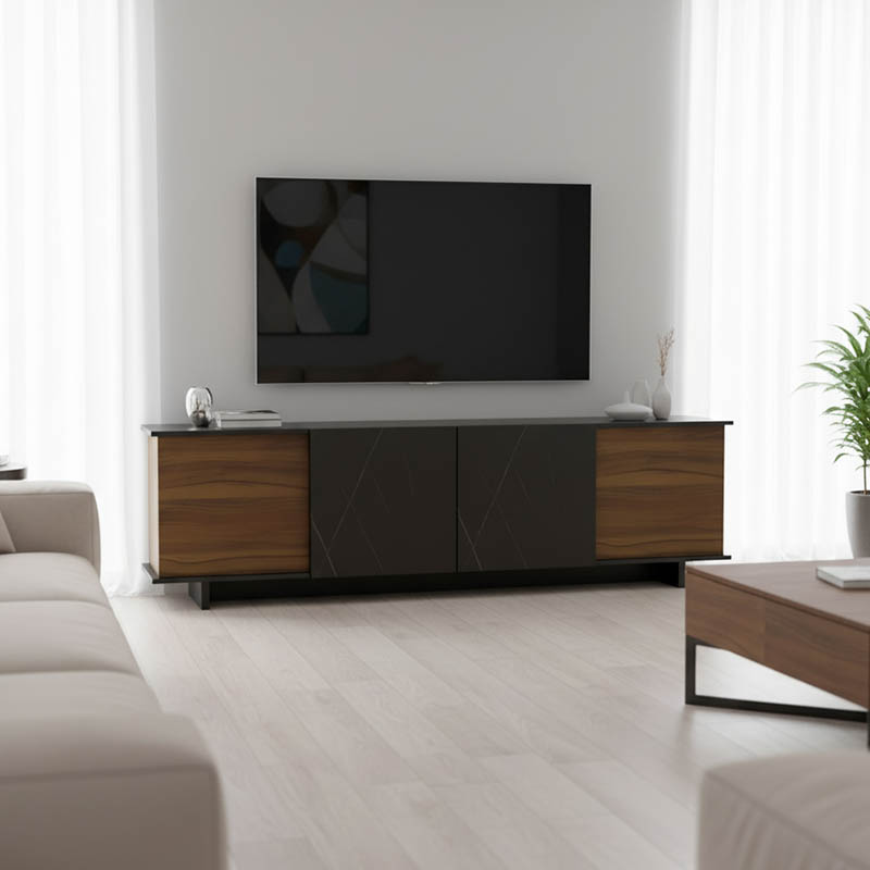 Έπιπλο τηλεόρασης Zafore pakoworld καρυδί - μαύρο μαρμάρου 180x33x50εκ 1