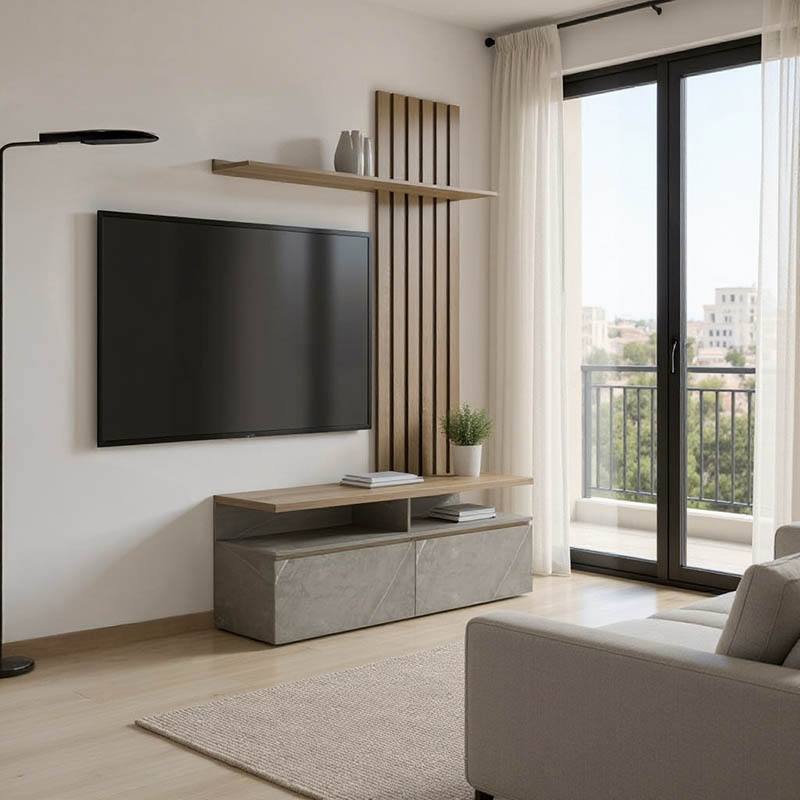 Σύνθετο σαλονιού Perlento pakoworld σε μπεζ μαρμάρου με sonoma απόχρωση 140x41x219.5εκ 1