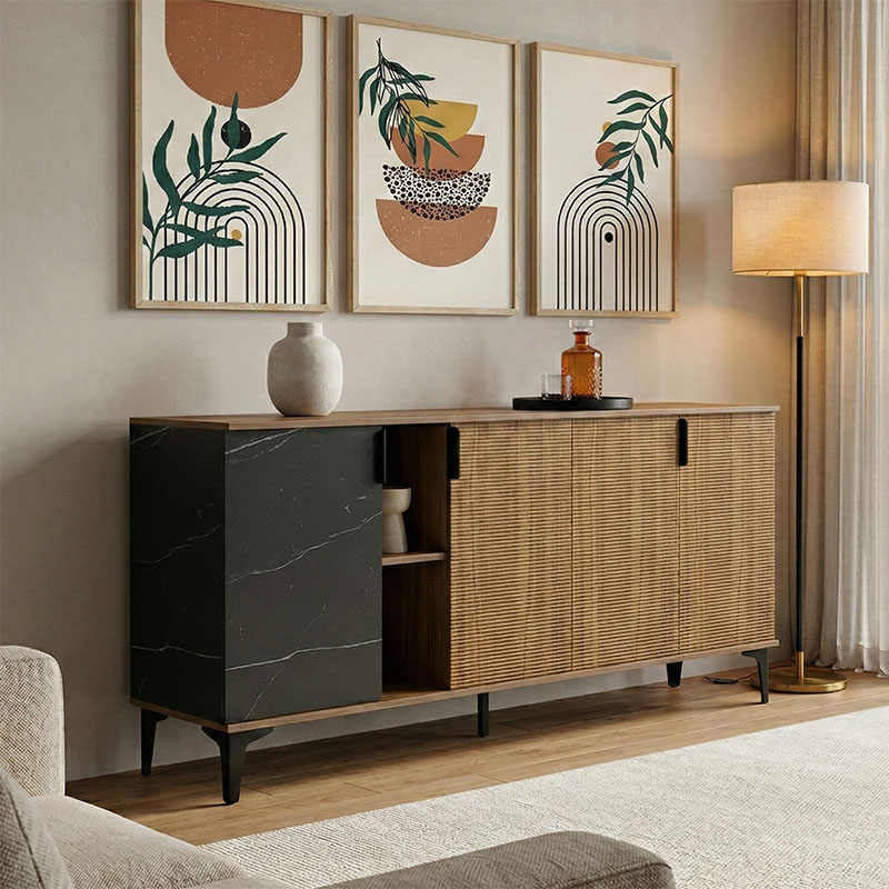 Μπουφές Riba pakoworld καρυδί-μαύρη όψη μαρμάρου 180x40x78εκ 1