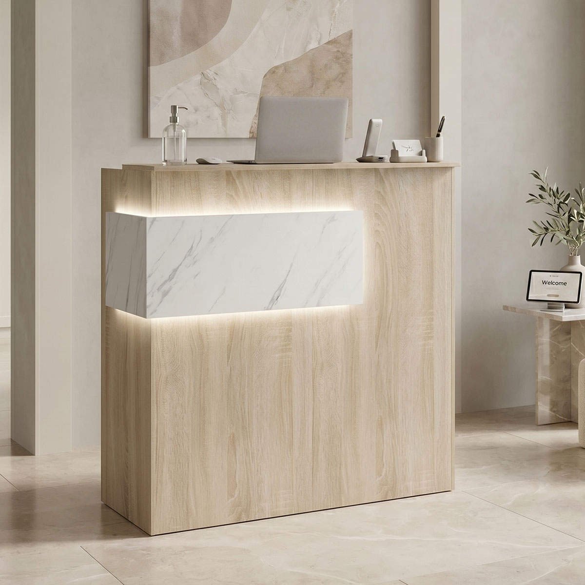 Γραφείο reception Optima pakoworld με led sonoma-λευκή όψη μαρμάρου 110x40x110εκ 1