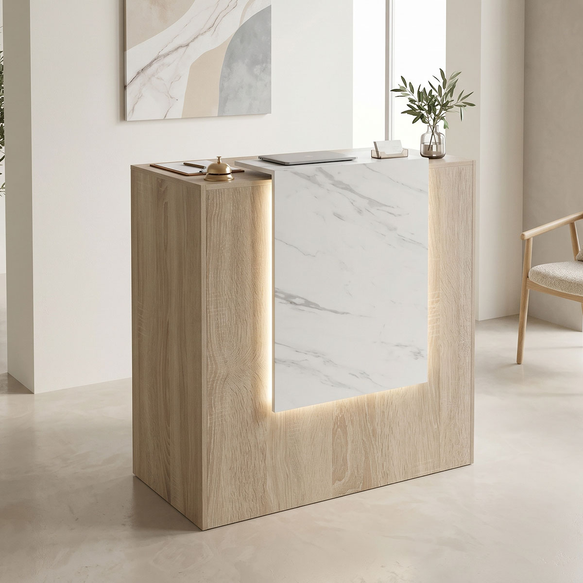 Γραφείο reception Zowel pakoworld με led sonoma-λευκή όψη μαρμάρου 90x40x110εκ 1