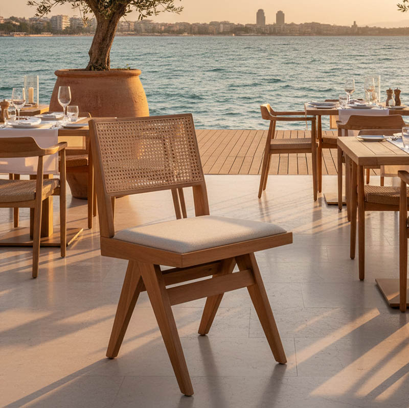 Καρέκλα Winslow pakoworld ξύλο rubberwood ανοικτό καρυδί-pvc rattan φυσικό-ύφασμα γκρι 3